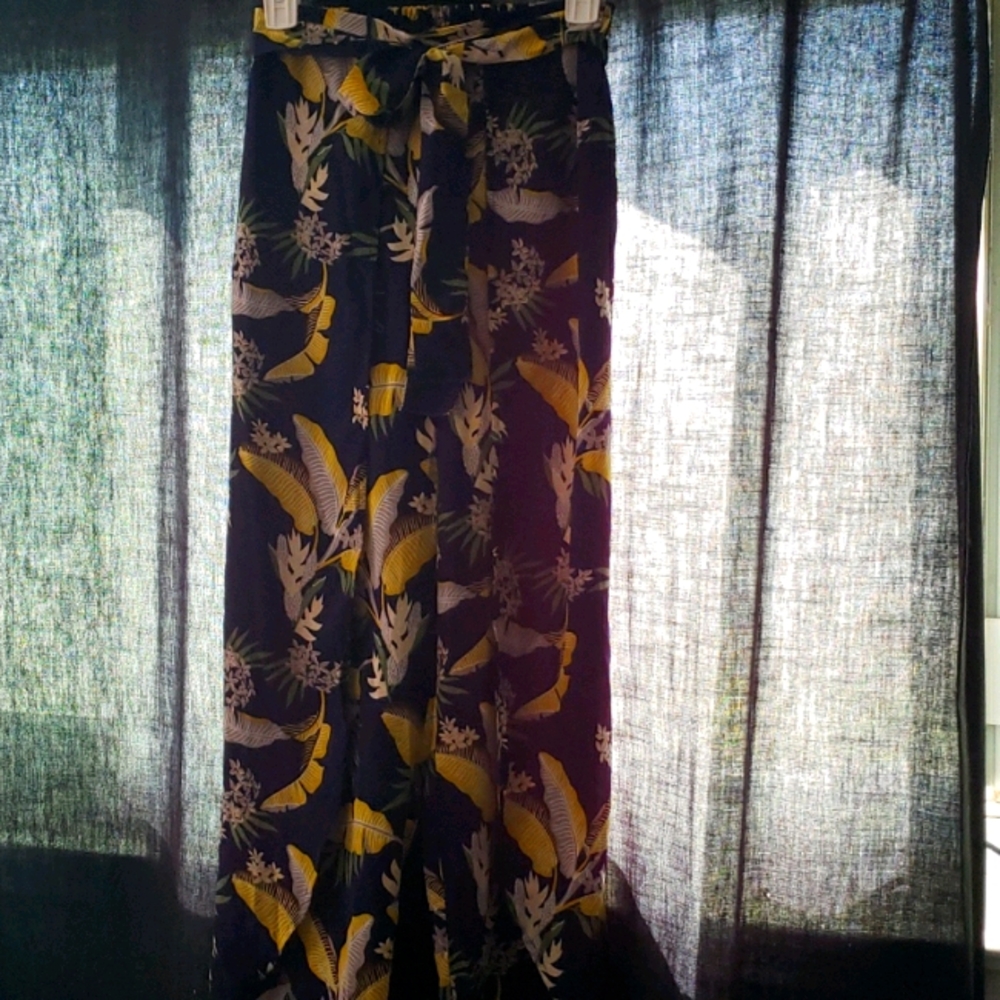 Blue Blush Navy blue dress pants with yellow flora